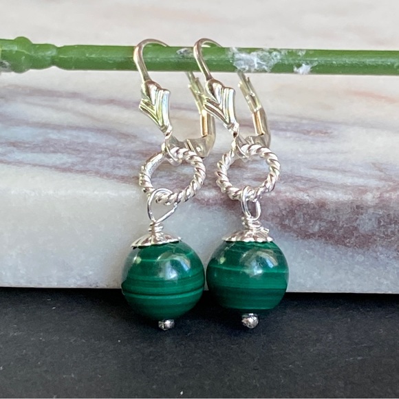 Malachite Earrings Sterling Silver Lever Back natural gemstone - Picture 6 of 11